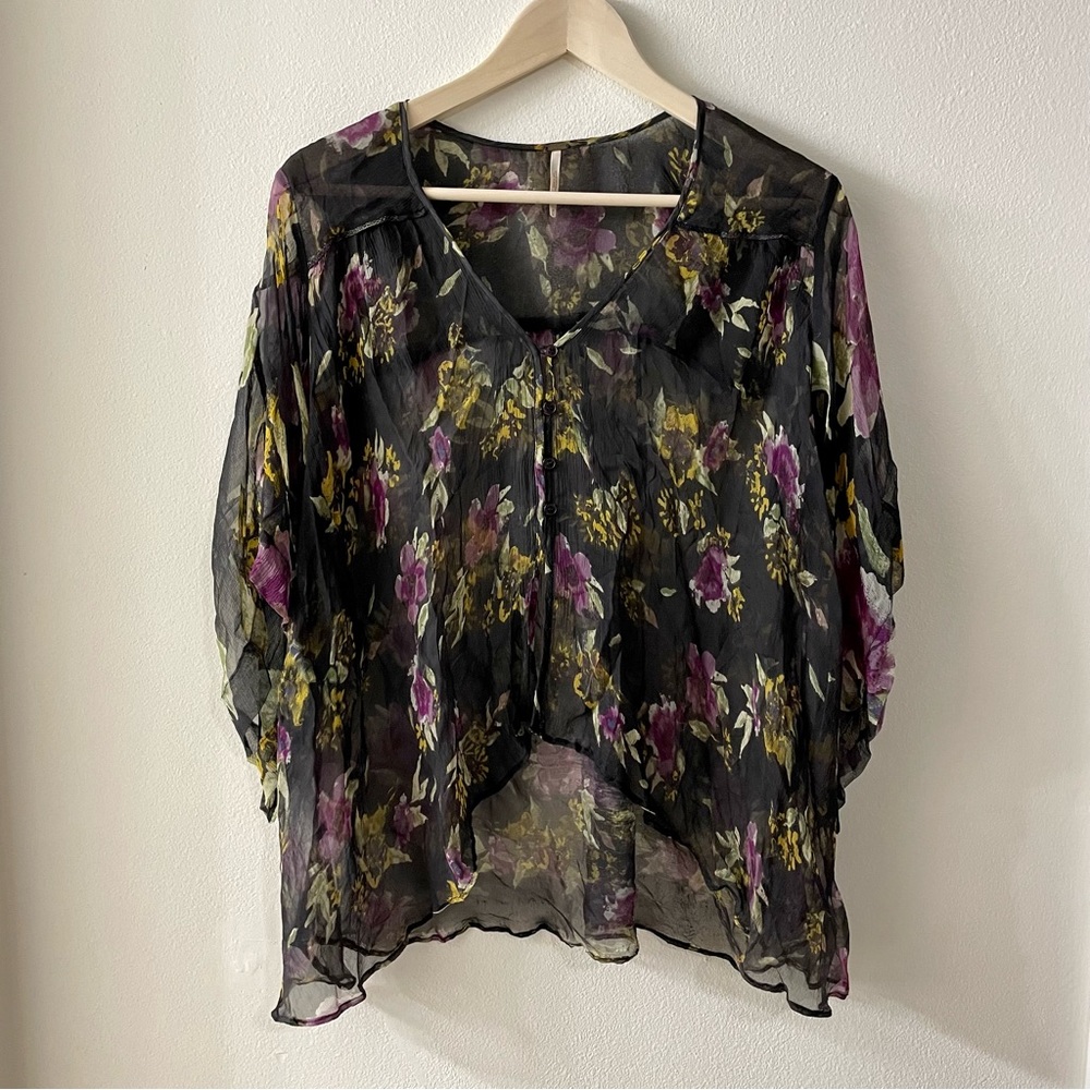 FREE PEOPLE Black and Purple Floral Sheer Blouse